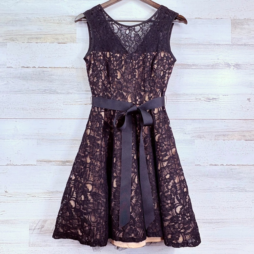 Betsy & Adam Black Tan Lace Fit & Flare‎ Dress with Ribbon Belt Party Size 10